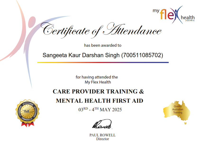 sangeeta kaur darshan singh care provider and mental health first aid cert 2025 001